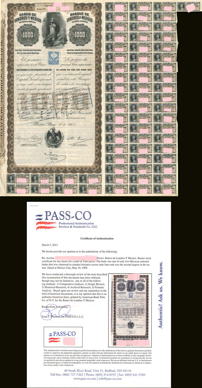"Queen Victoria" - Banco de Londres Y Mexico - 1,000 Pesos - Bond (Uncanceled)